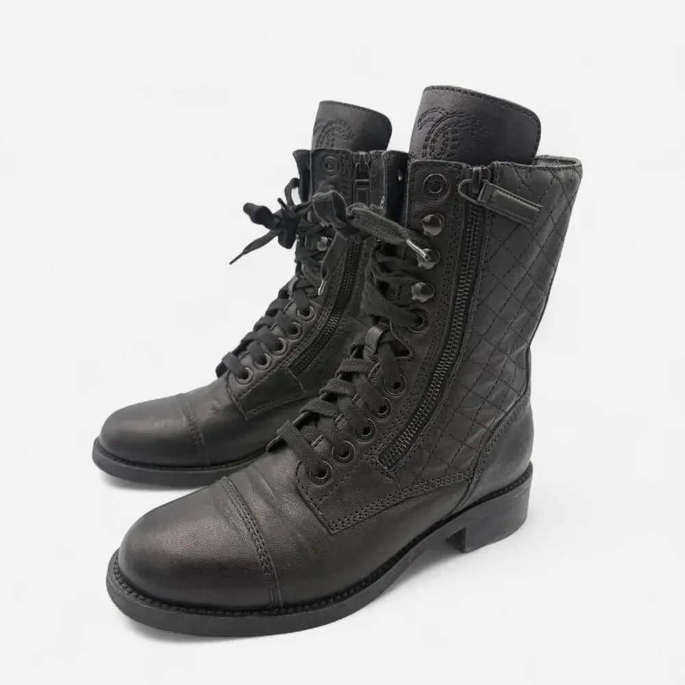 Chanel Quilted Leather CC Combat Boots in Black Lambskin